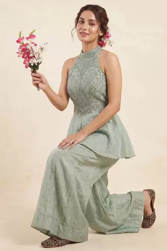 Mint green fandy crush beads work sharara palazzo set
