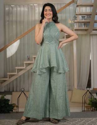 Mint green fandy crush beads work sharara palazzo set 3