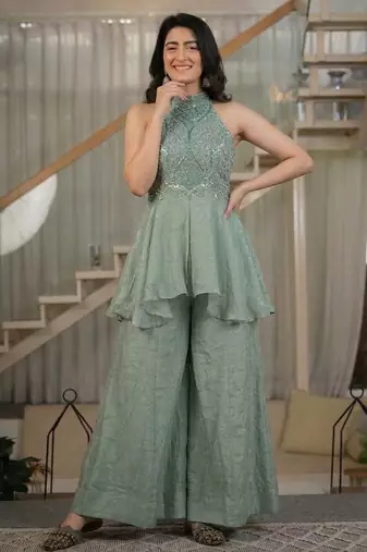 Mint green fandy crush beads work sharara palazzo set