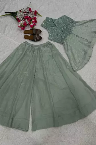 Mint green fandy crush beads work sharara palazzo set