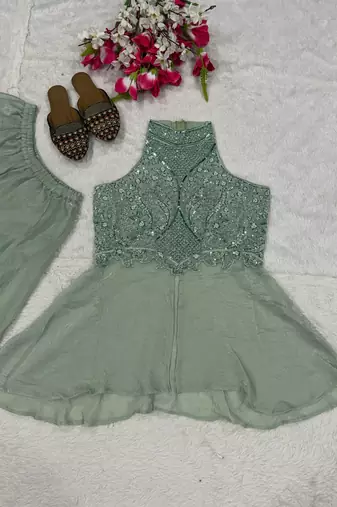 Mint green fandy crush beads work sharara palazzo set