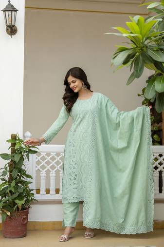 Elegant sea-green chikankari cotton suit set with dupatta