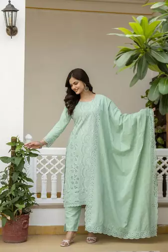 Elegant sea-green chikankari cotton suit set with dupatta