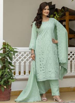 Elegant sea-green chikankari cotton suit set with dupatta 2