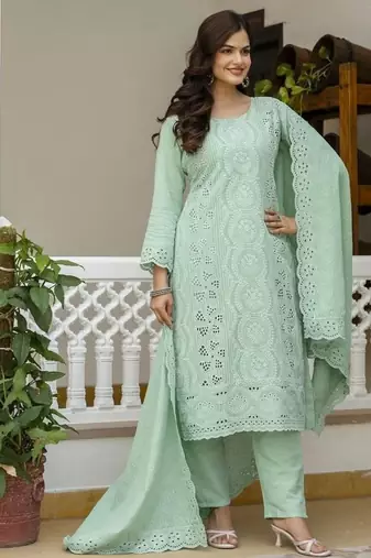 Elegant sea-green chikankari cotton suit set with dupatta