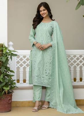 Elegant sea-green chikankari cotton suit set with dupatta 3