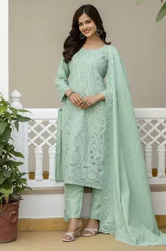Elegant sea-green chikankari cotton suit set with dupatta
