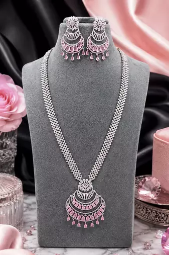 Rhodium Finish Bridal AD Long Necklace Set