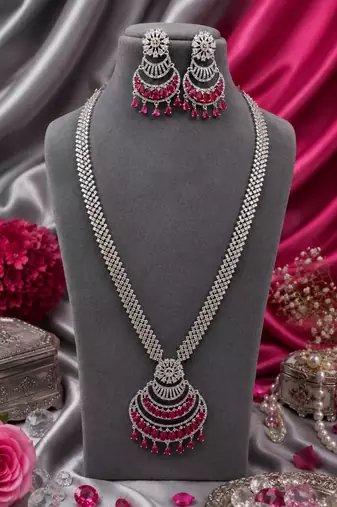 Rhodium finish elegant long american diamond necklace set