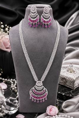 Rhodium finish wedding wear long diamond necklace set 4