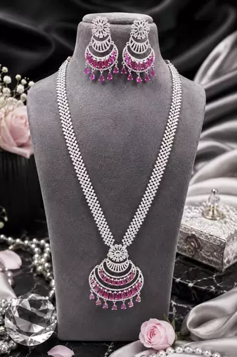 Rhodium finish wedding wear long diamond necklace set