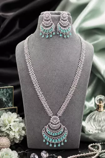 Rhodium finish premium long american diamond necklace set