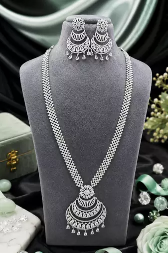 Rhodium finish premium cz long necklace set