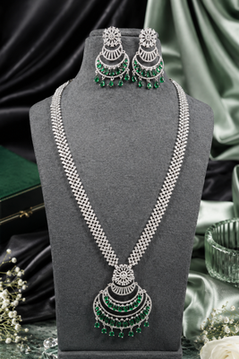 Rhodium finish grand bridal american diamond necklace set 4