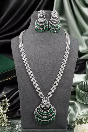 Rhodium finish grand bridal american diamond necklace set