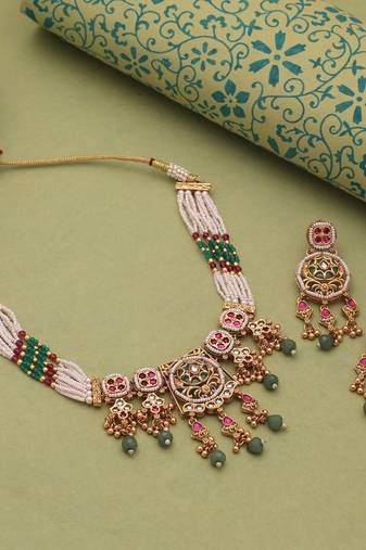 Multi color matte gold choker kundan necklace set