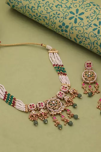 Multi color matte gold choker kundan necklace set