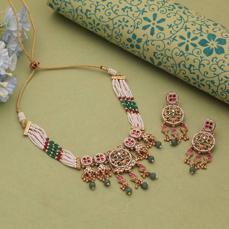 Multi color matte gold choker kundan necklace set