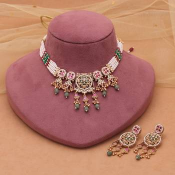 Multi color matte gold choker kundan necklace set 2