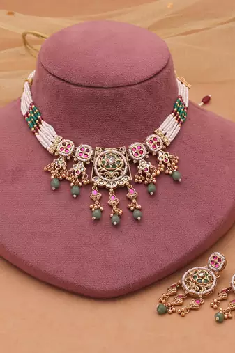 Multi color matte gold choker kundan necklace set