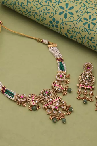 Multi color matte gold kundan choker set