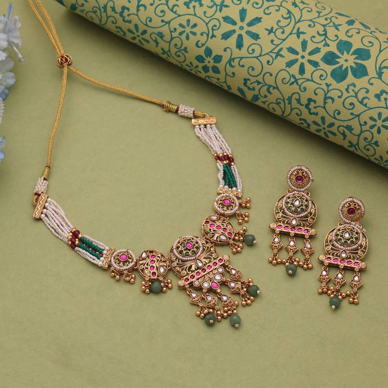 Multi color matte gold kundan choker set