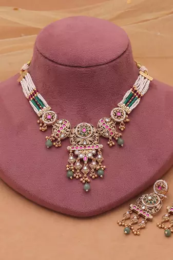 Multi color matte gold kundan choker set