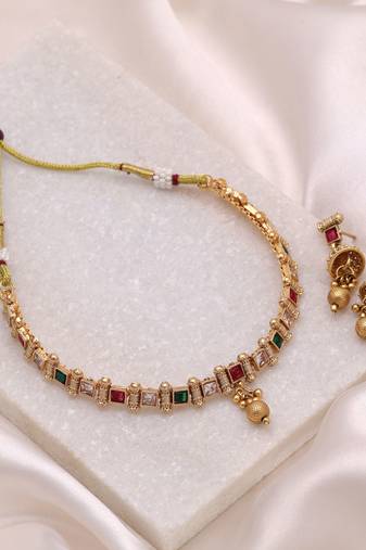 Rani & green color matte gold kundan necklace set