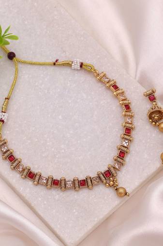 Rani color matte gold kundan necklace set