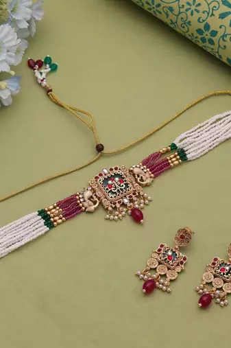 Multi color matte gold choker kundan set