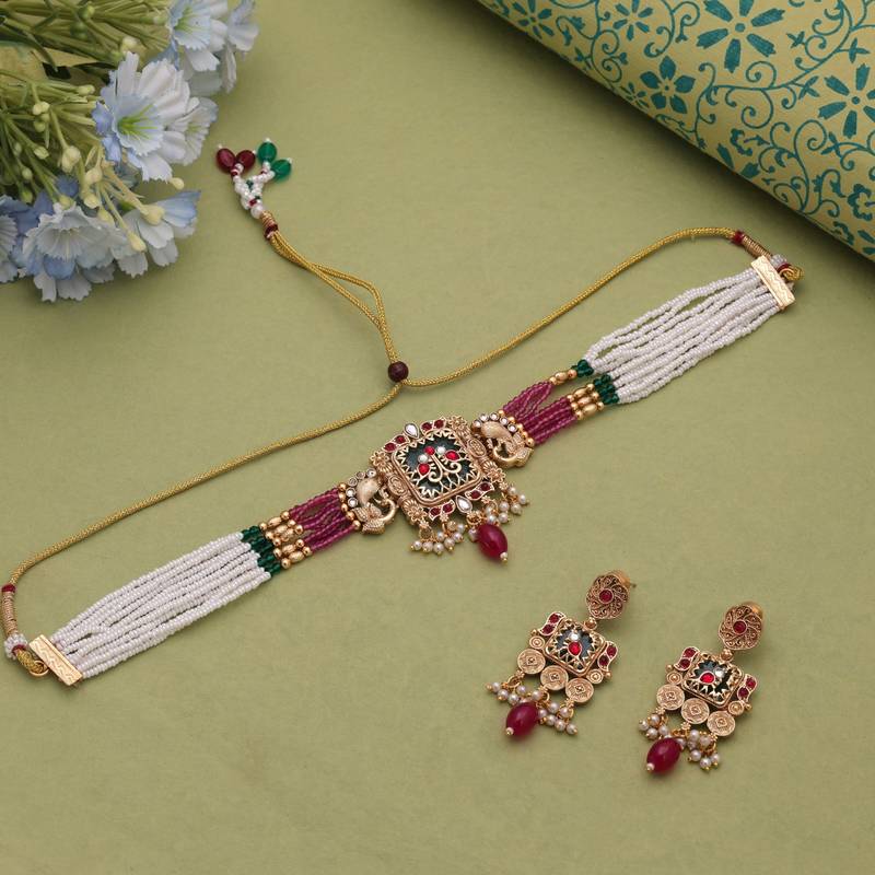 Multi color matte gold choker kundan set