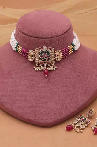 Multi color matte gold choker kundan set