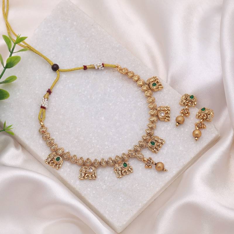 Green color matte gold kundan jewelry set