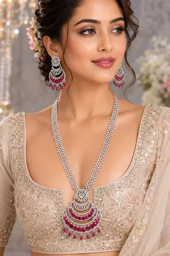 Rhodium finish elegant long american diamond necklace set