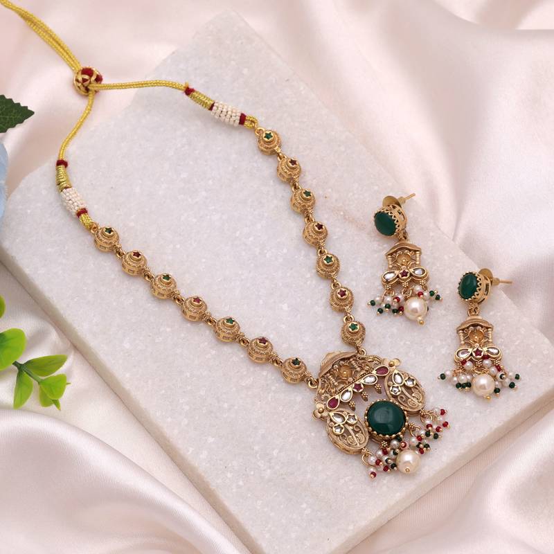 Green color traditional kundan jewelry set
