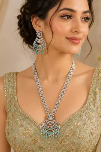 Rhodium finish premium long american diamond necklace set