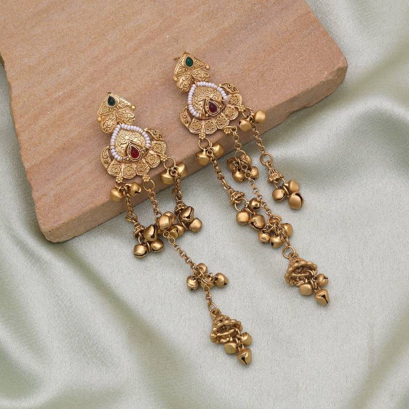 Rani & green color long kasmiri earrings
