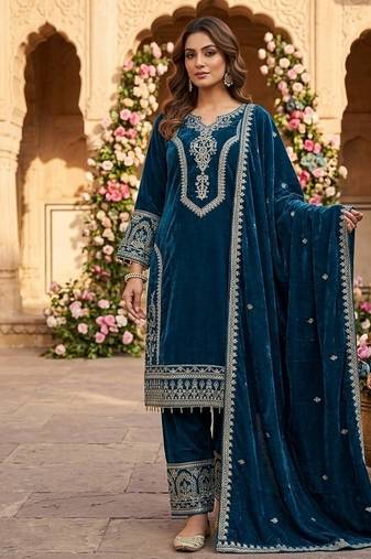 Teal blue velvet embroidered straight kurta pant set with dupatta