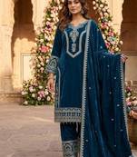 Teal blue velvet embroidered straight kurta pant set with dupatta