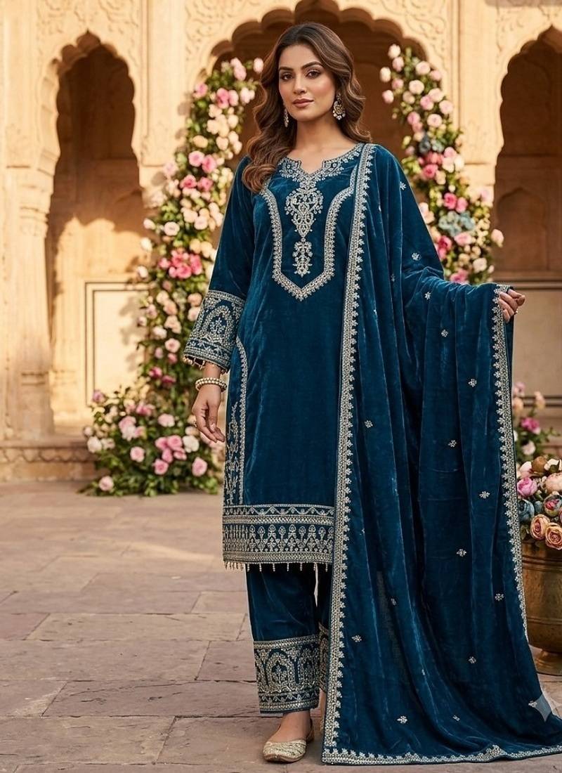 Teal blue velvet embroidered straight kurta pant set with dupatta
