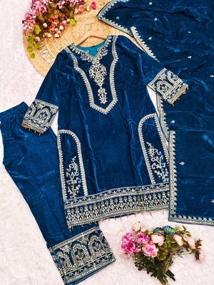 Teal blue velvet embroidered straight kurta pant set with dupatta 2