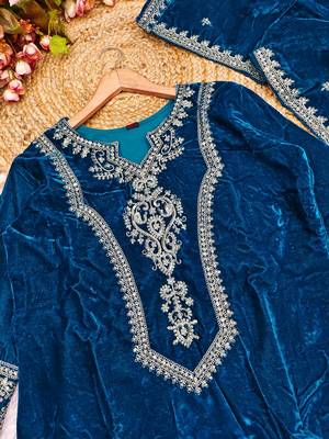 Teal blue velvet embroidered straight kurta pant set with dupatta 3
