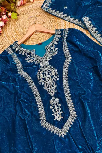 Teal blue velvet embroidered straight kurta pant set with dupatta