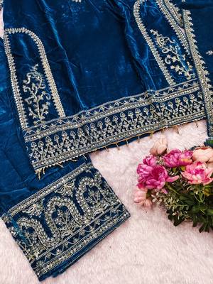 Teal blue velvet embroidered straight kurta pant set with dupatta 4