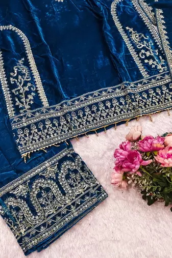 Teal blue velvet embroidered straight kurta pant set with dupatta