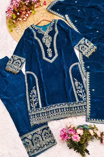 Teal blue velvet embroidered straight kurta pant set with dupatta