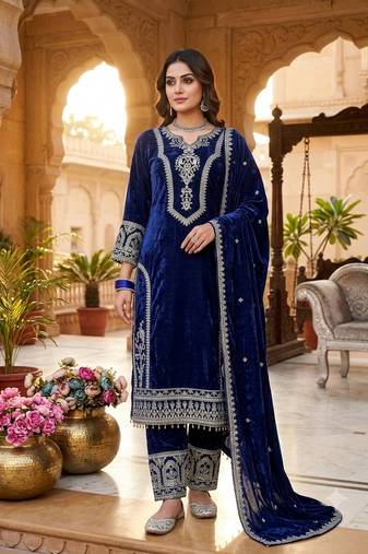 Navyblue velvet embroidered straight kurta pant set with dupatta