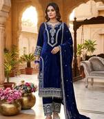 Navyblue velvet embroidered straight kurta pant set with dupatta