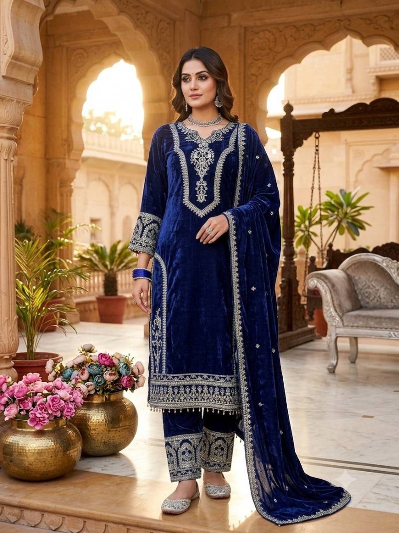 Navyblue velvet embroidered straight kurta pant set with dupatta