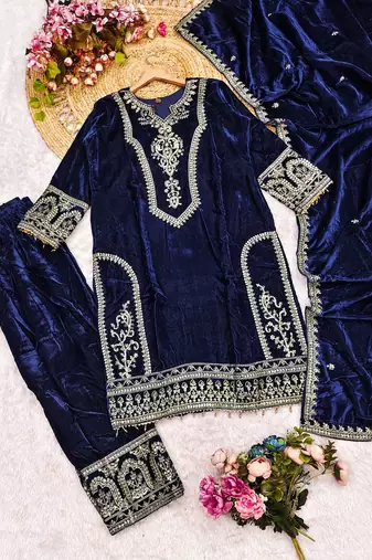 Navyblue velvet embroidered straight kurta pant set with dupatta